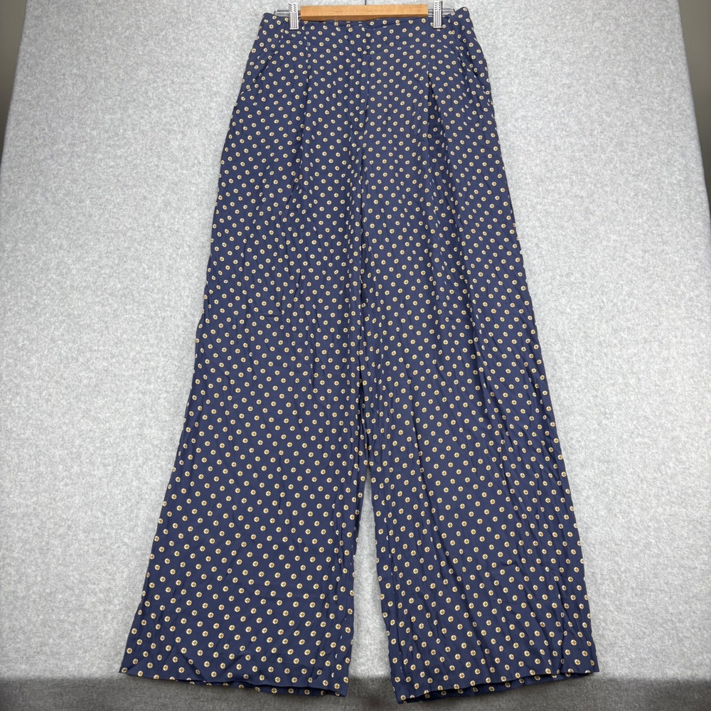 Feather Bone Pants Womens Long 10 Blue Wide Leg Starburst Polka Dot Boho Career